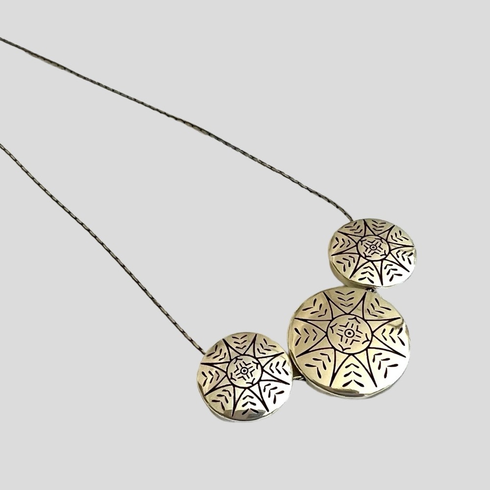Brighton Etched Triple Disk Necklace Silver Plated Reversible Design EUC